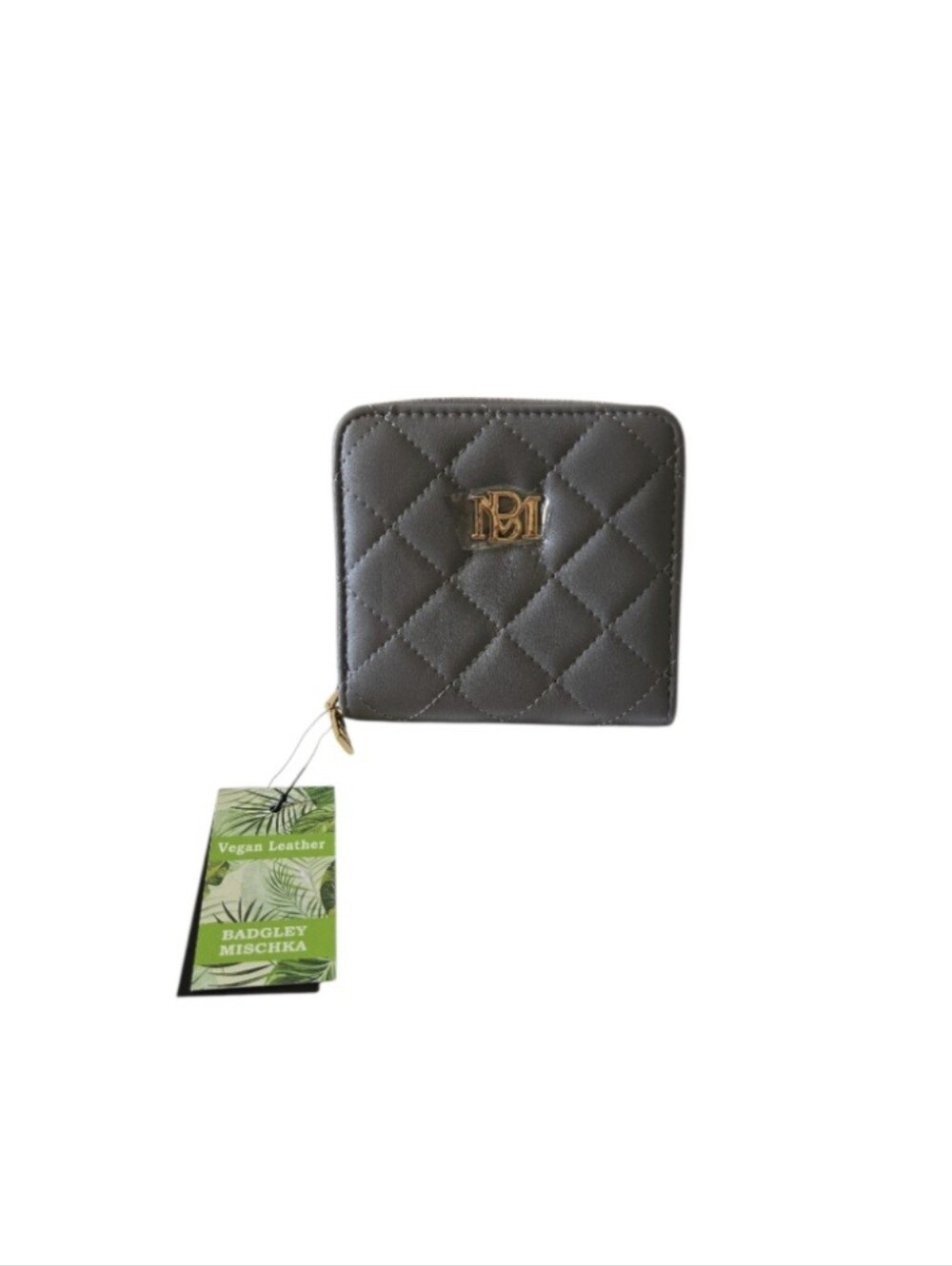 Badgley Mischka NWT Gray Quilted Zip Wallet with Gold Tone Logo